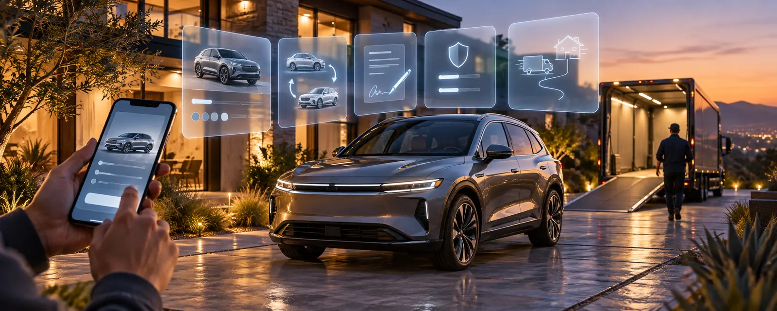 Illustration of an evening driveway: hands hold a phone showing a car, a grey crossover waits on the drive, and glass panels float above it for choosing, trading, signing and handover.